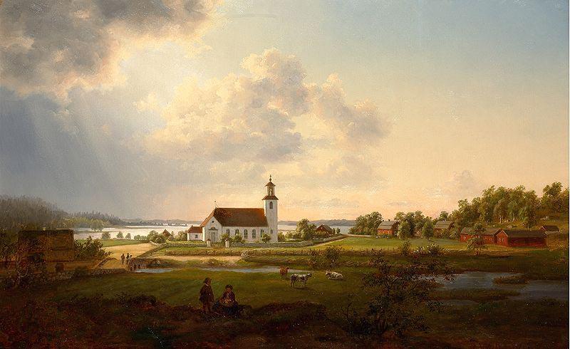 Ernfried Wahlqvist Landscape with a church by a river Sweden oil painting art